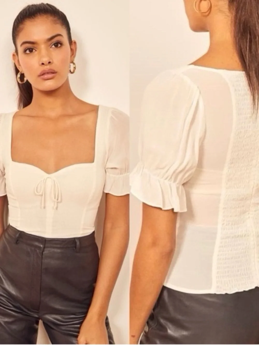 Reformation “Delevan” White Puff-Sleeve Tie-Front Blouse - Size 4